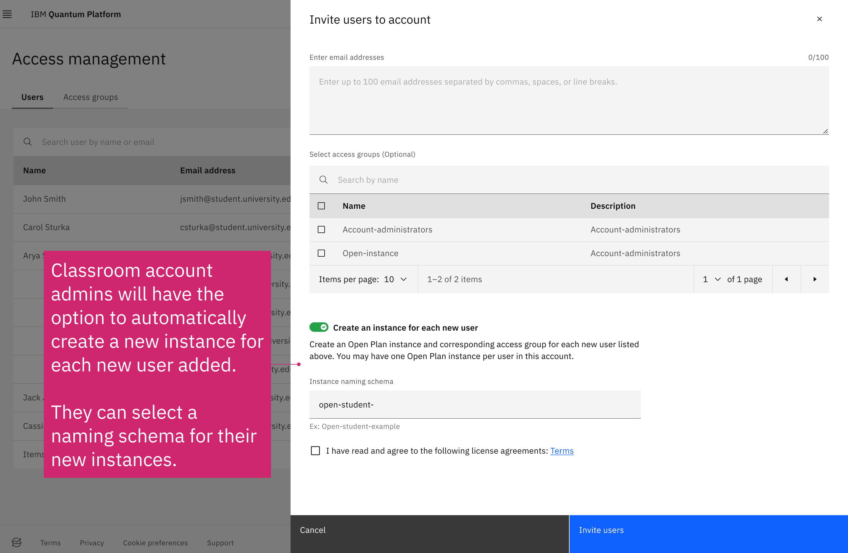 Inviting users and creating instances: Classroom Account admins can invite multiple users at once and automatically create a separate Open Plan instance for each student. Admins can also define a naming schema to keep instances organized. Blog - Batch instance creation-v4.png