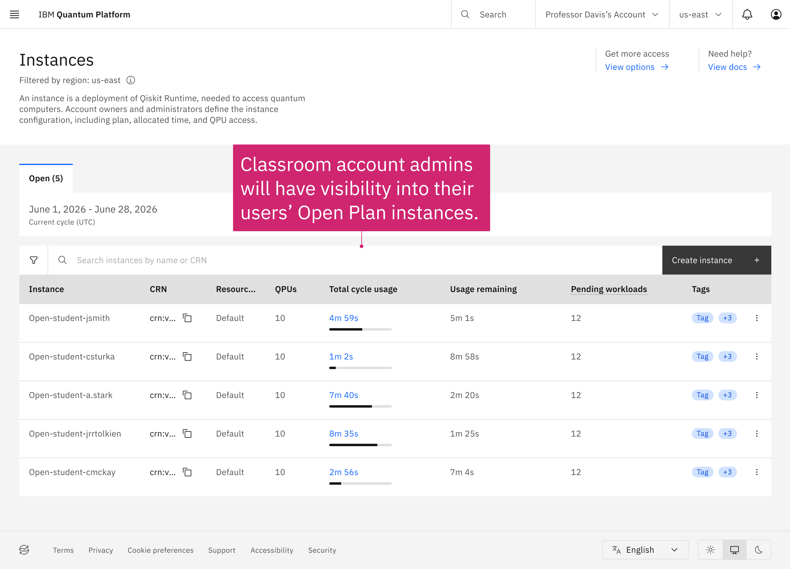 Viewing student instances and usage: Classroom Account admins have visibility into each student’s Open Plan instance, including usage, remaining allocation, and workload status. Blog - Instance management-v4.png