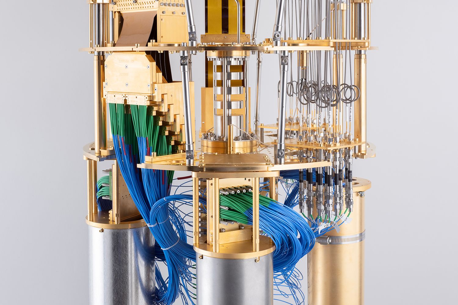 The interior view of the cryostat that cools the IBM Quantum Eagle, a utility-scale quantum processor at 127 qubits.
