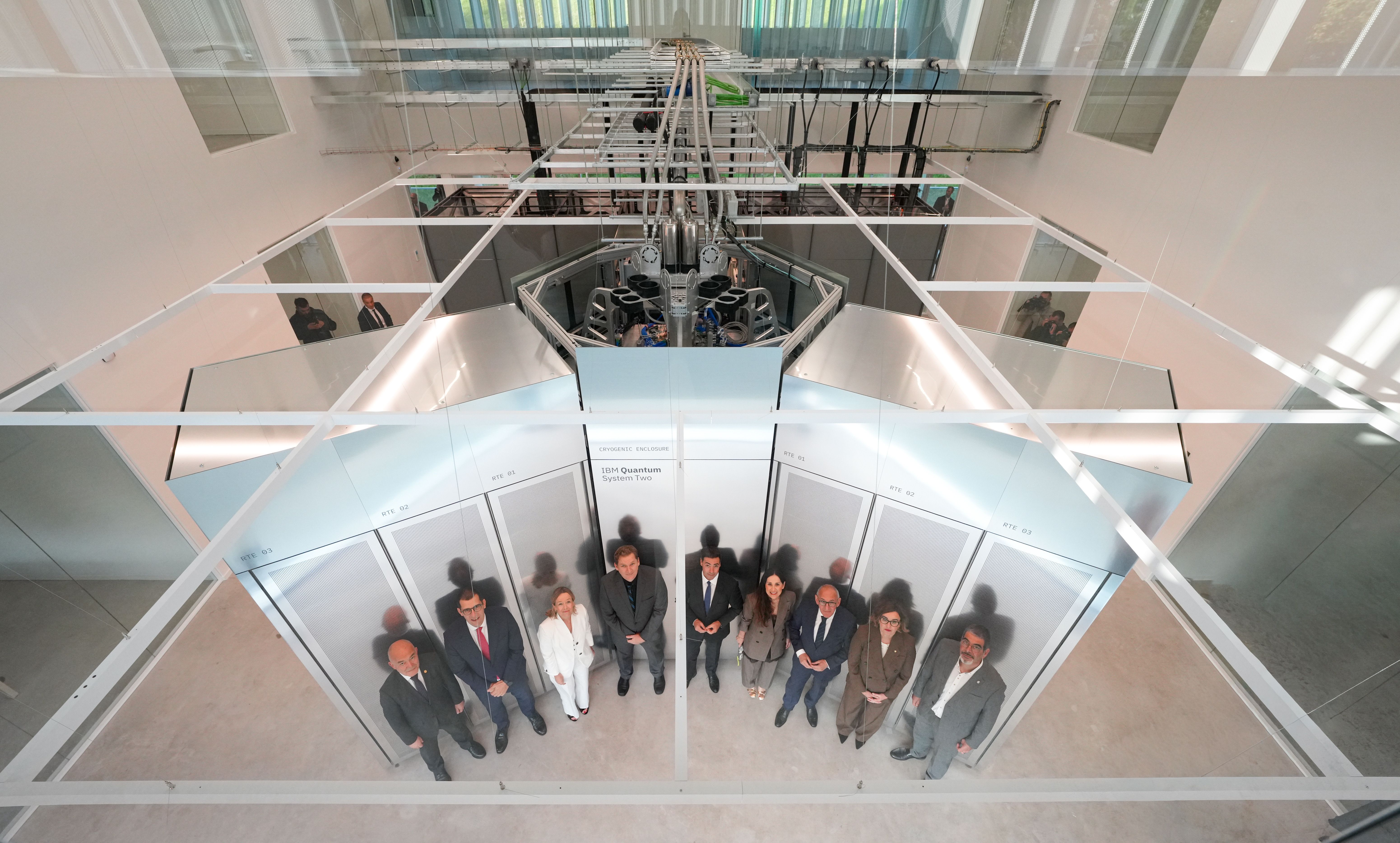 On 14 October, 2025, Juan Ignacio Pérez Iglesias, Minister of Science, Universities and Innovation of the Basque Government; Horacio Morell, General Manager, IBM Spain; Eider Mendoza, Head of the Provincial Council of Gipuzkoa; Jay Gambetta, Director of IBM Research, IBM Fellow; Imanol Pradales, Lehendakari of the Basque Country; Bajartxo Tejería, President of the Basque Parliament; Ramiro González, General Deputy of Araba / Álava; Elixabete Etxanobe, President of Bizkaia; and Eneko Goia, Mayor of Donostia / San Sebastián, in front of Europe’s first IBM Quantum System Two, located at the IBM-Euskadi Quantum Computational Center in San Sebastián, Spain. Credit: Ikerbasque IBM Quantum System Two Unveiling Top Angle.jpg