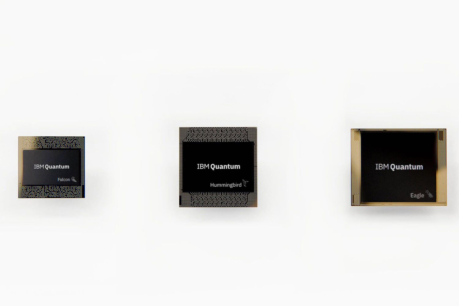 L-R: IBM Quantum Falcon, IBM Quantum Hummingbird, IBM Quantum Eagle processors